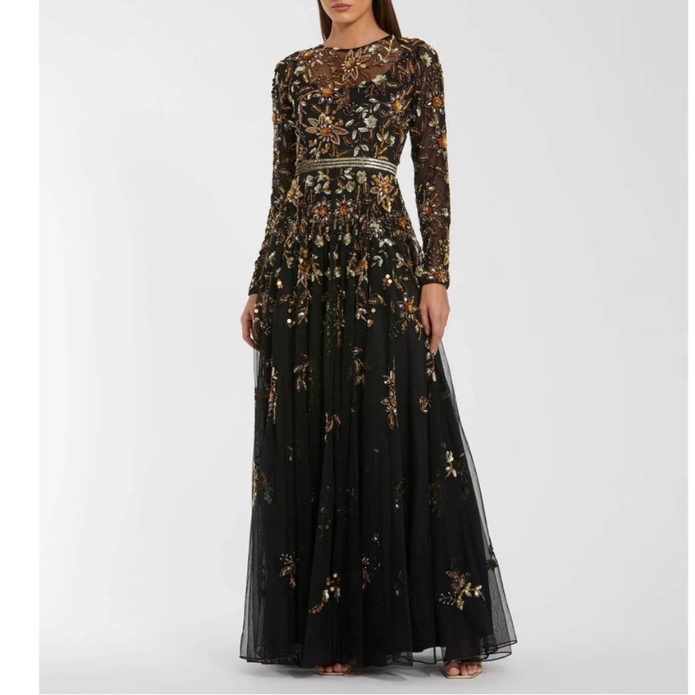 Mac Duggal 6200 Black Hand Embellished Long Sleeve A Line Gown Sz 4